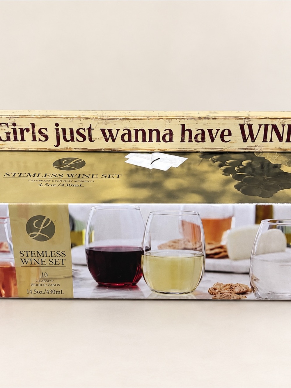 Libbey Stemless Wine Glass Set with Decorative Wine Sign - Cream and Brown